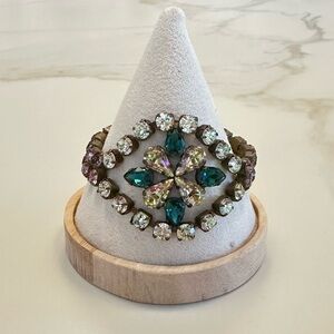 TOVA - Amethyst, Teal, Clear, & Golden Shadow Crystal Bracelet in Antique Brass